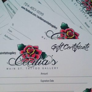 Cecilia's Main St. Tattoo Gallery logo on gift certificates